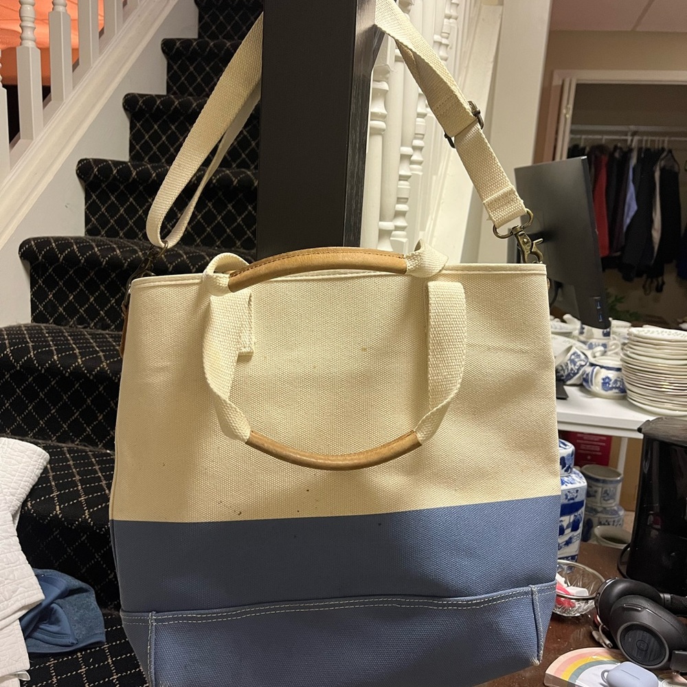 L.L. Bean Cream and Blue Canvas Tote